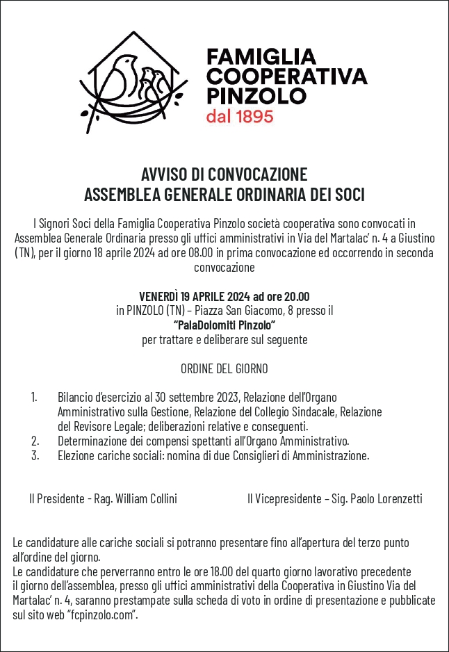 Assemblea di Famiglia Cooperativa Pinzolo Venerdì 19 aprile 2024 ore 20.00