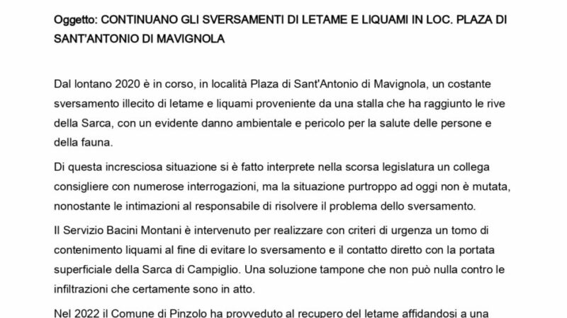 Interrogazione PAT – Interventi conseguenti allo sversamento di liquami in località Plaza di Sant’Antonio di Mavignola