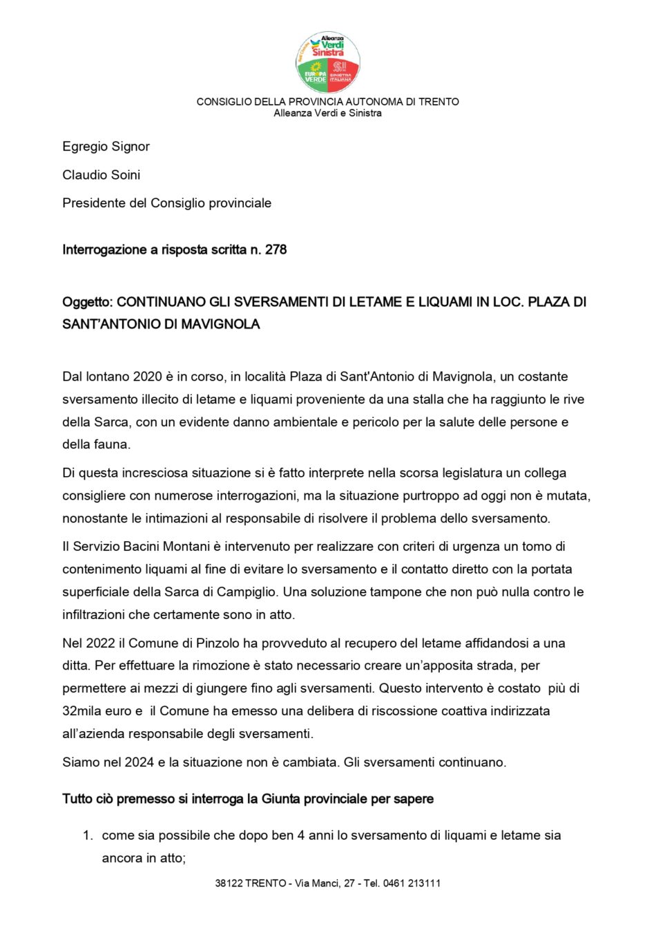 Interrogazione PAT – Interventi conseguenti allo sversamento di liquami in località Plaza di Sant’Antonio di Mavignola