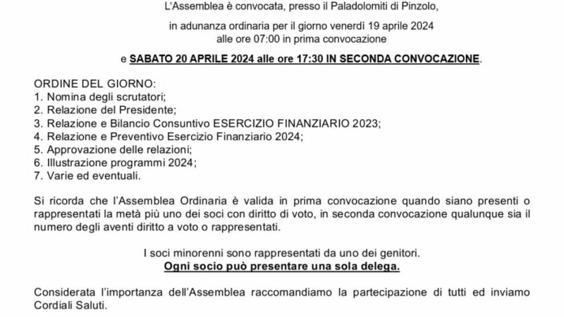 Assemblea Ordinaria Pro Loco Pinzolo – Sabato 20 aprile 2024 ore 17.30 presso il Paladolomiti