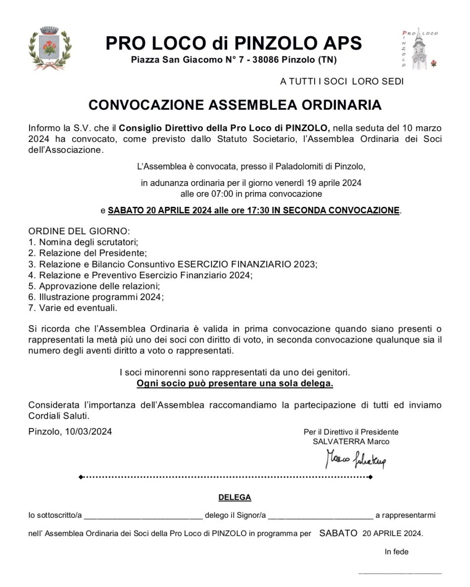 Assemblea Ordinaria Pro Loco Pinzolo – Sabato 20 aprile 2024 ore 17.30 presso il Paladolomiti