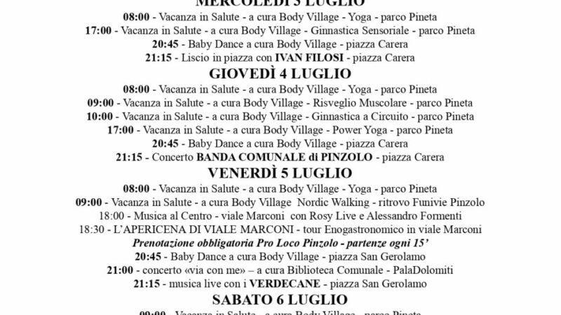 Pro Loco Pinzolo: Programmazione manifestazioni dal 1° al 7 luglio 2024