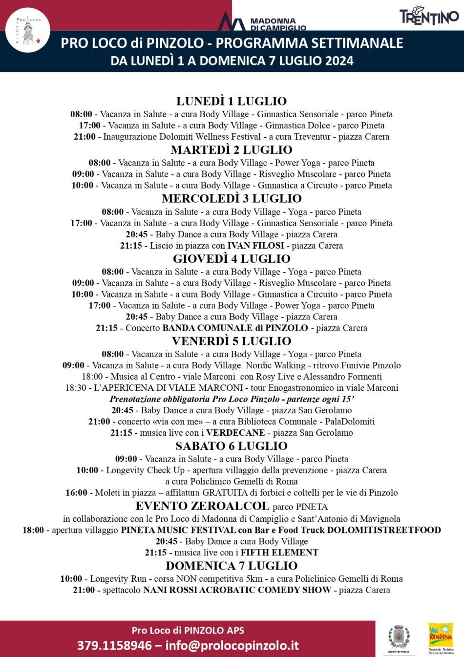 Pro Loco Pinzolo: Programmazione manifestazioni dal 1° al 7 luglio 2024