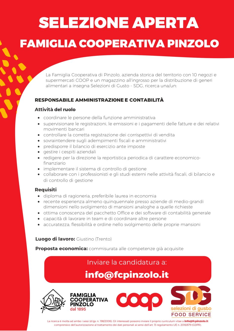 La Cooperativa di Pinzolo sta cercando un responsabile amministrativo da inserire in pianta organica a tempo indeterminato