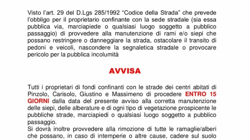 Taglio di rami e siepi prospicenti le strade comunali