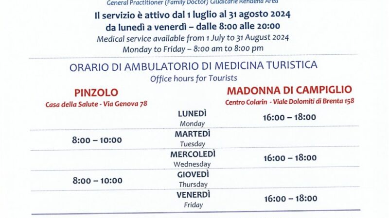 Orari del Medico turistico di Madonna di Campiglio e Pinzolo per la stagione estiva 2024
