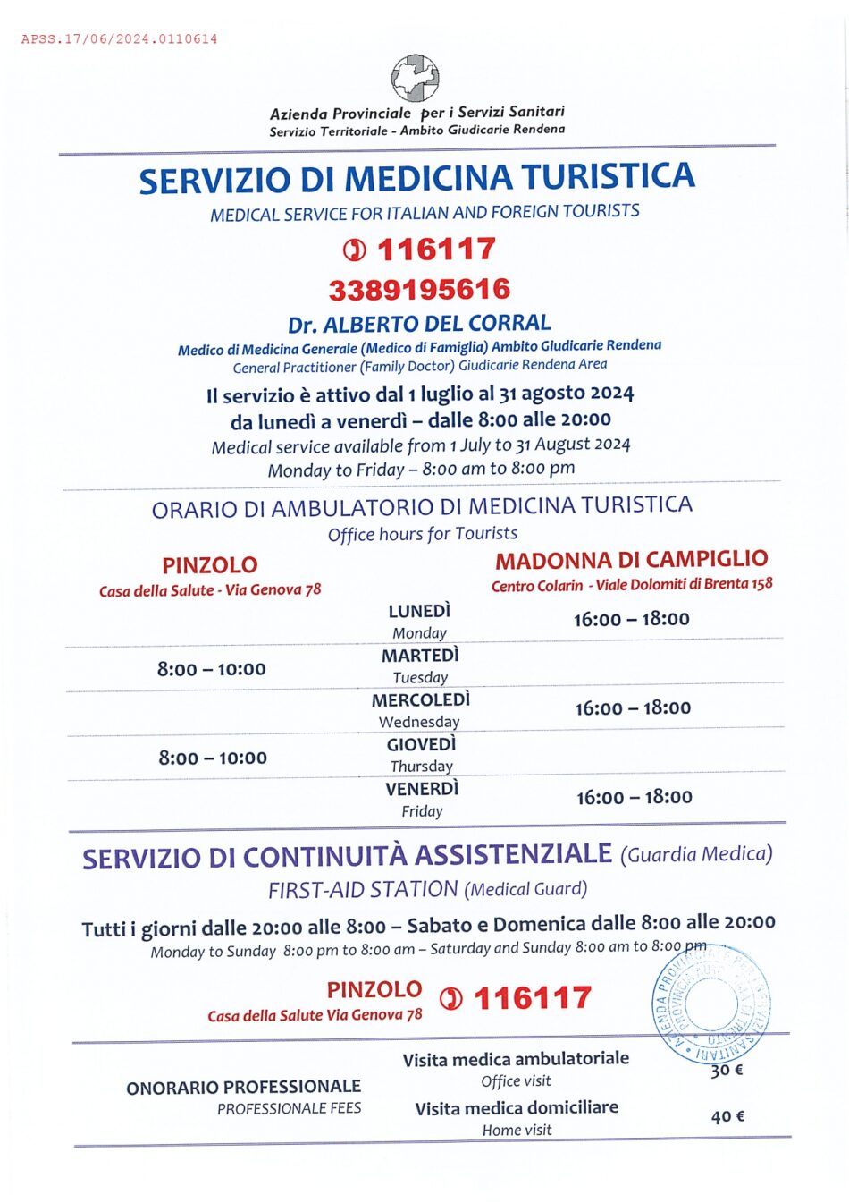 Orari del Medico turistico di Madonna di Campiglio e Pinzolo per la stagione estiva 2024