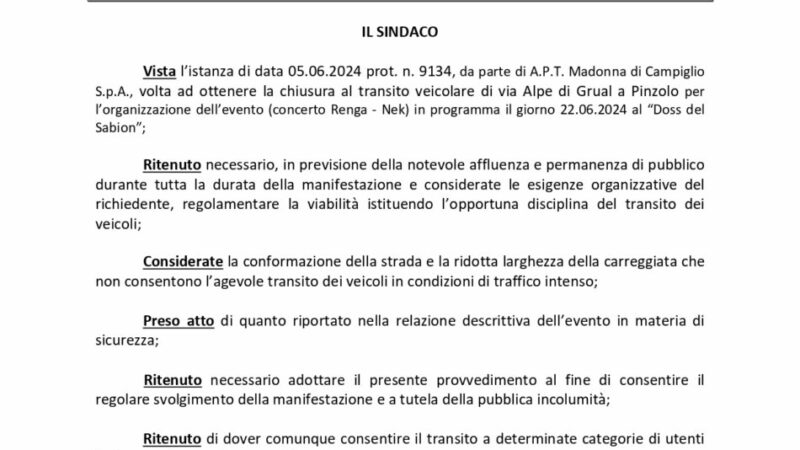 Ordinanza chiusura strada per Loc. Prà Rodont | 22 giugno 2024