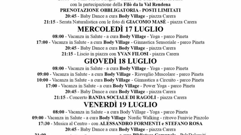 Pro Loco Pinzolo: Programmazione manifestazioni dal 15 al 21 luglio 2024
