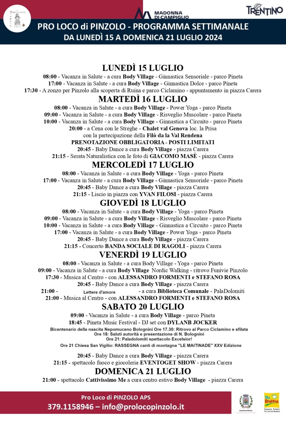 Pro Loco Pinzolo: Programmazione manifestazioni dal 15 al 21 luglio 2024