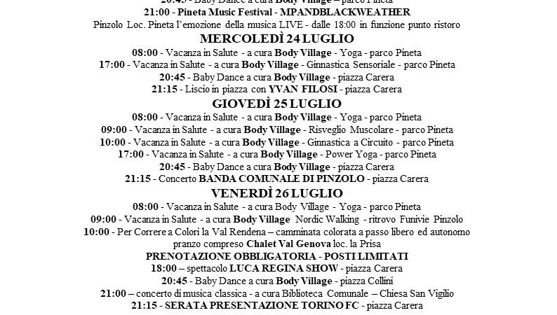 Pro Loco Pinzolo: Programmazione manifestazioni dal 22 luglio al 28 luglio 2024