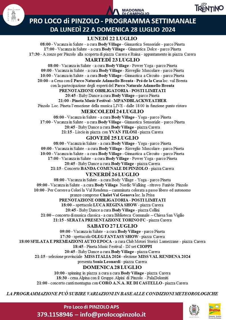 Pro Loco Pinzolo: Programmazione manifestazioni dal 22 luglio al 28 luglio 2024