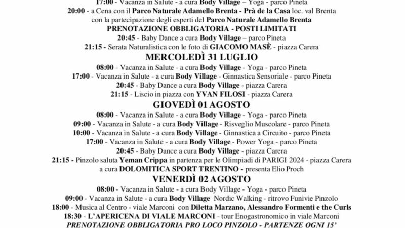 Pro Loco Pinzolo: Programmazione manifestazioni dal Lunedì 29 luglio al Domenica 4 agosto 2024