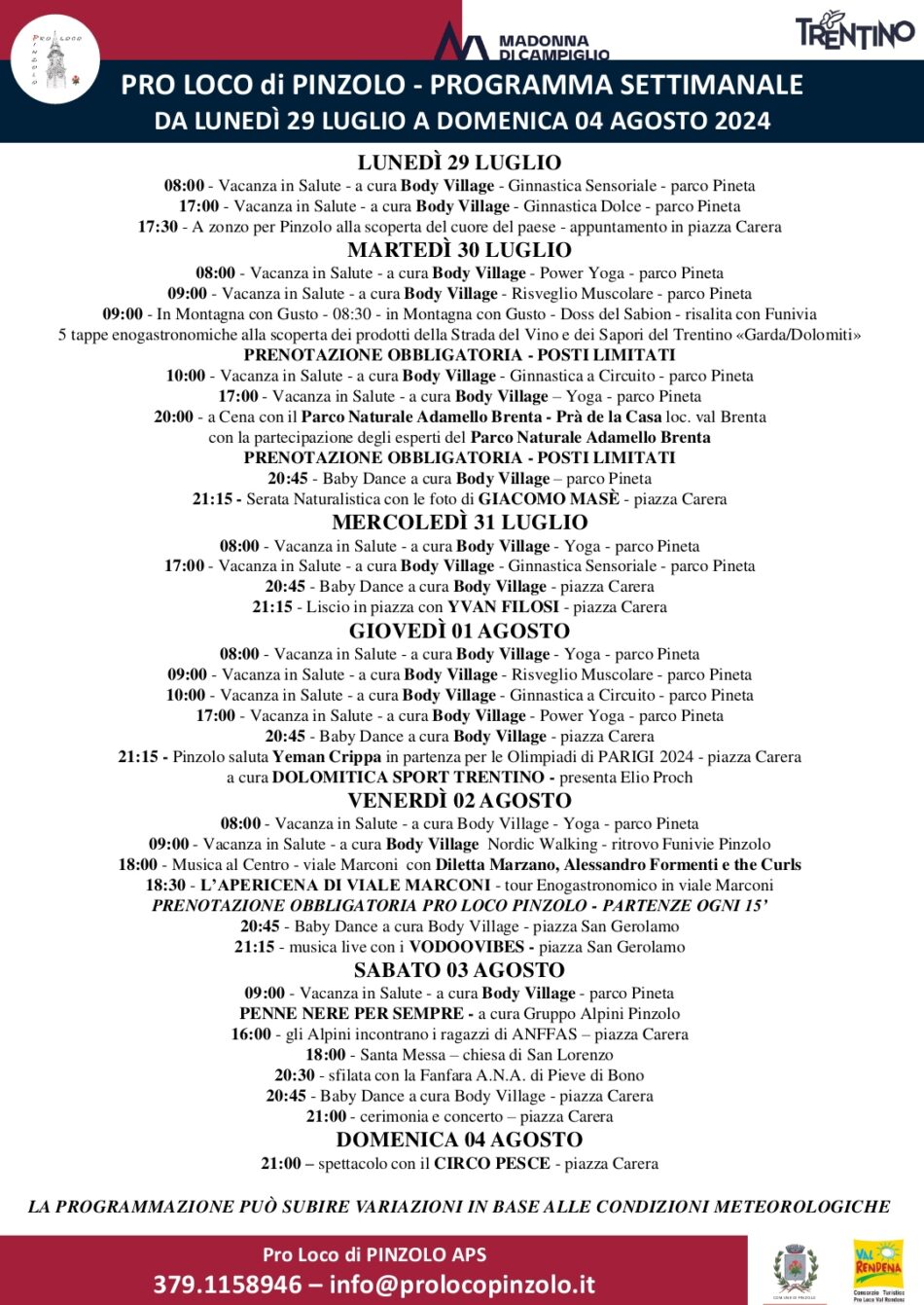 Pro Loco Pinzolo: Programmazione manifestazioni dal Lunedì 29 luglio al Domenica 4 agosto 2024
