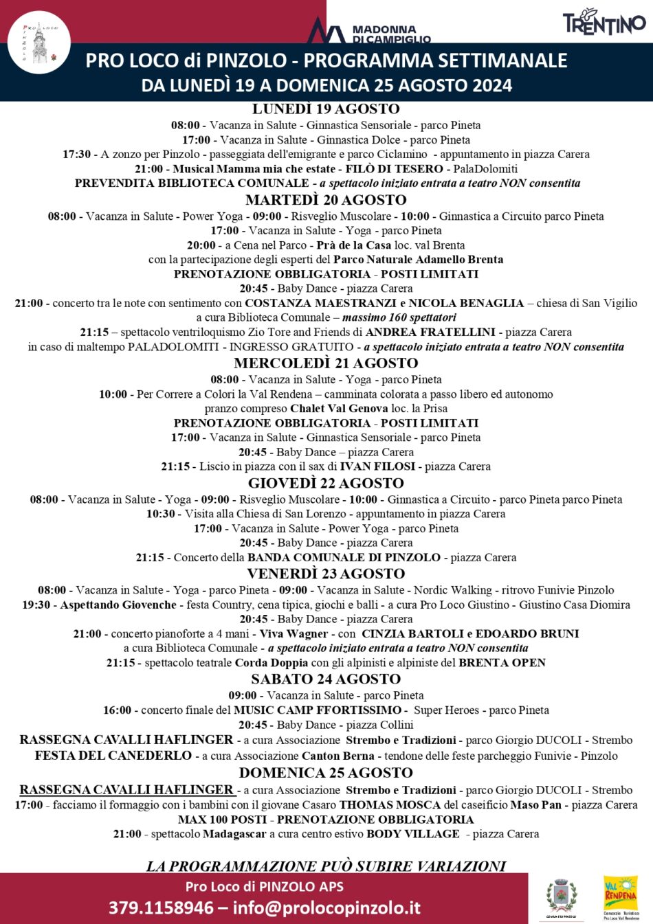 Pro Loco Pinzolo: Manifestazioni dal 19 al 25 agosto 2024