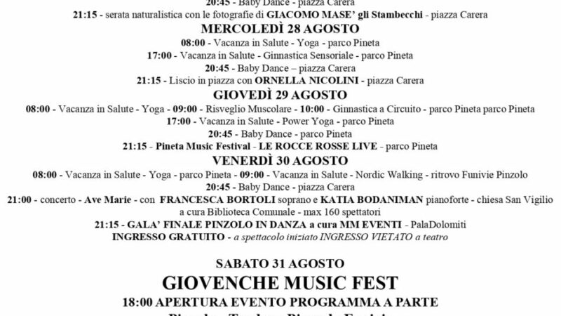 Pro Loco Pinzolo: Manifestazioni dal 26 agosto al 1 settembre 2024