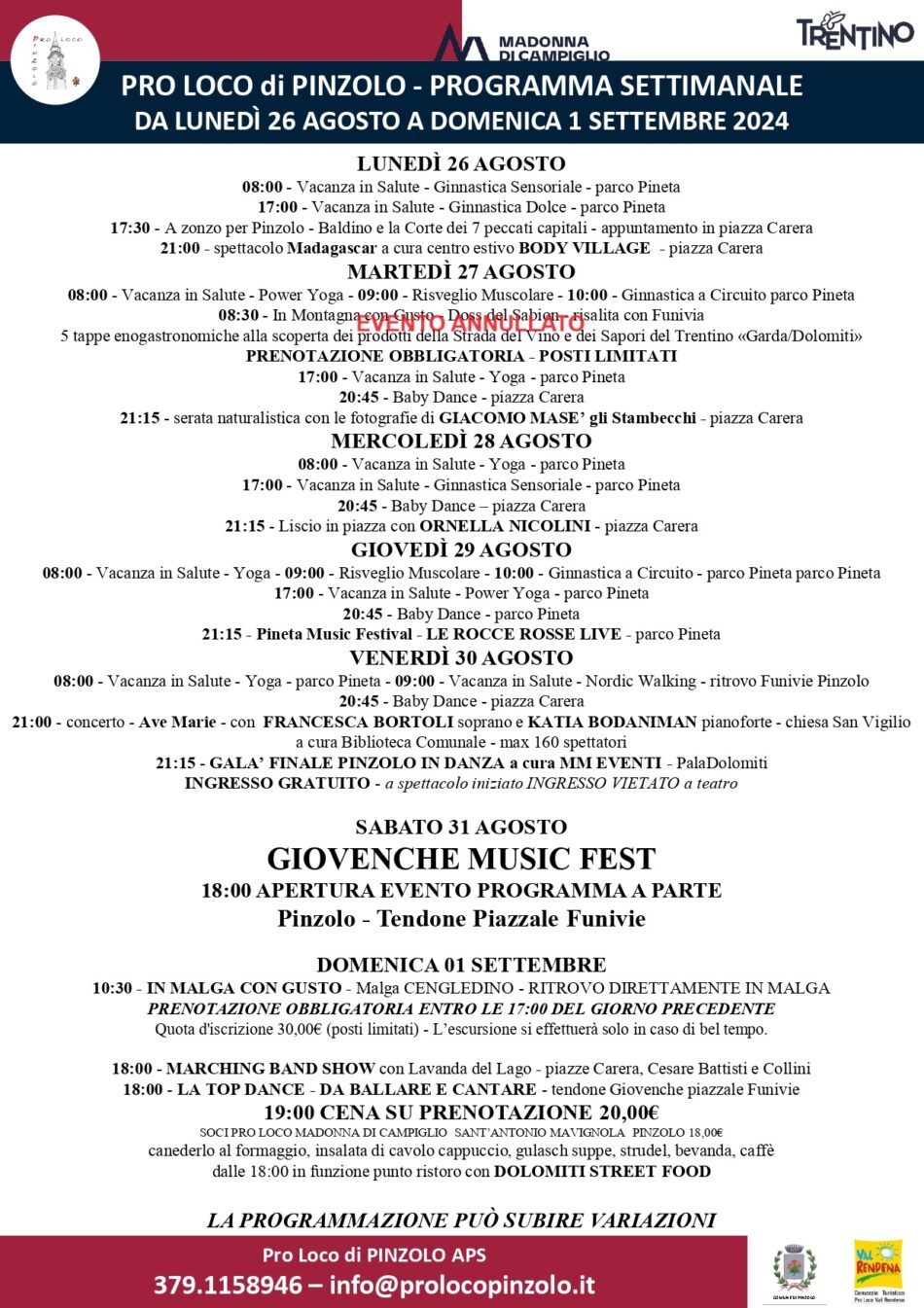 Pro Loco Pinzolo: Manifestazioni dal 26 agosto al 1 settembre 2024