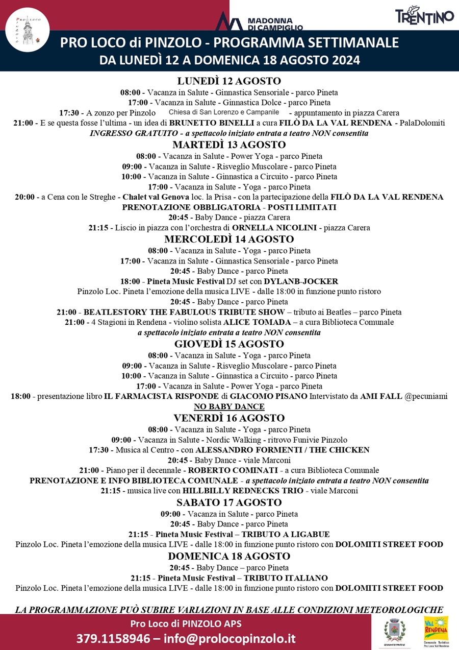 Pro Loco Pinzolo: Manifestazioni dal 12 al 18 agosto 2024