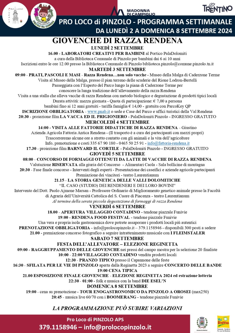 Pro Loco Pinzolo: Manifestazioni dal 2 all’8 settembre 2024