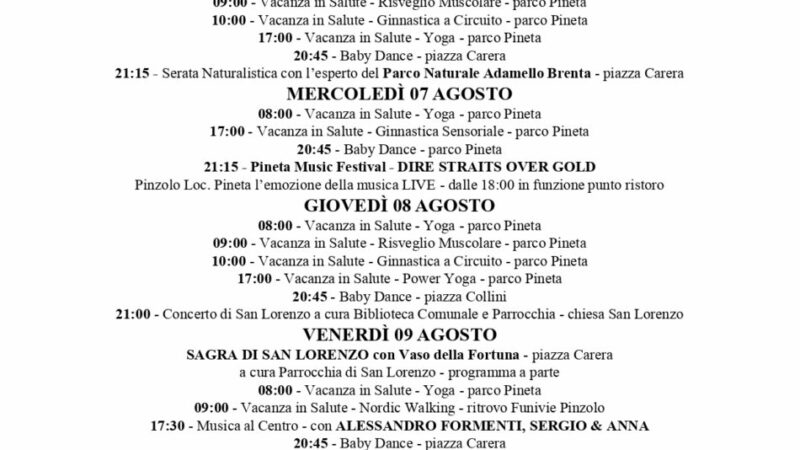 Pro Loco Pinzolo: Programmazione manifestazioni da Lunedì 5 a  Domenica 11 agosto 2024