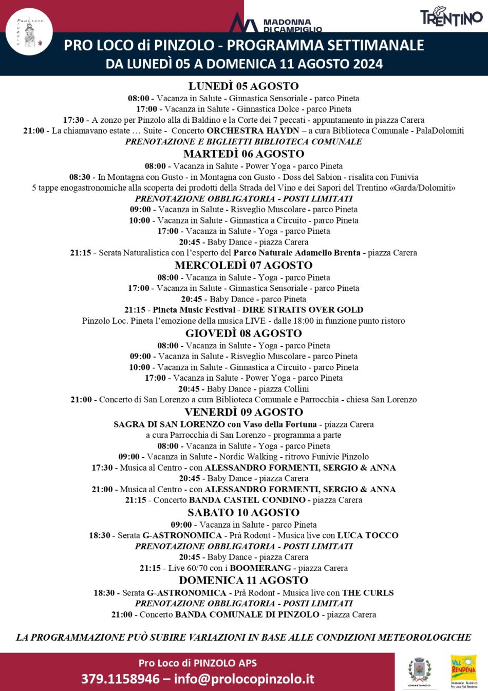 Pro Loco Pinzolo: Programmazione manifestazioni da Lunedì 5 a  Domenica 11 agosto 2024