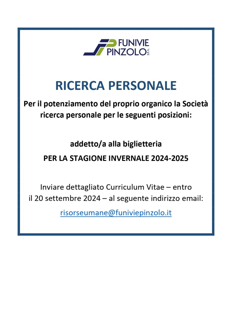 Funivie Pinzolo: RICERCA PERSONALE – ADDETTO/A ALLA BIGLIETTERIA