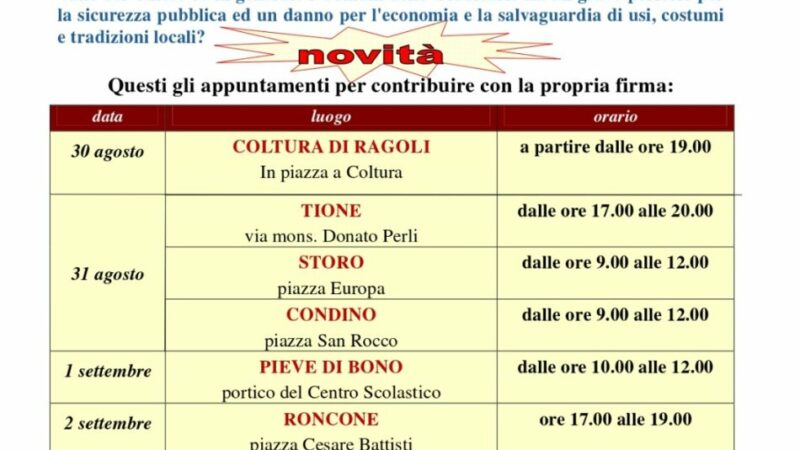 Calendario dei punti di raccolta firme per indire la consultazione popolare su orsi e lupi in Giudicarie