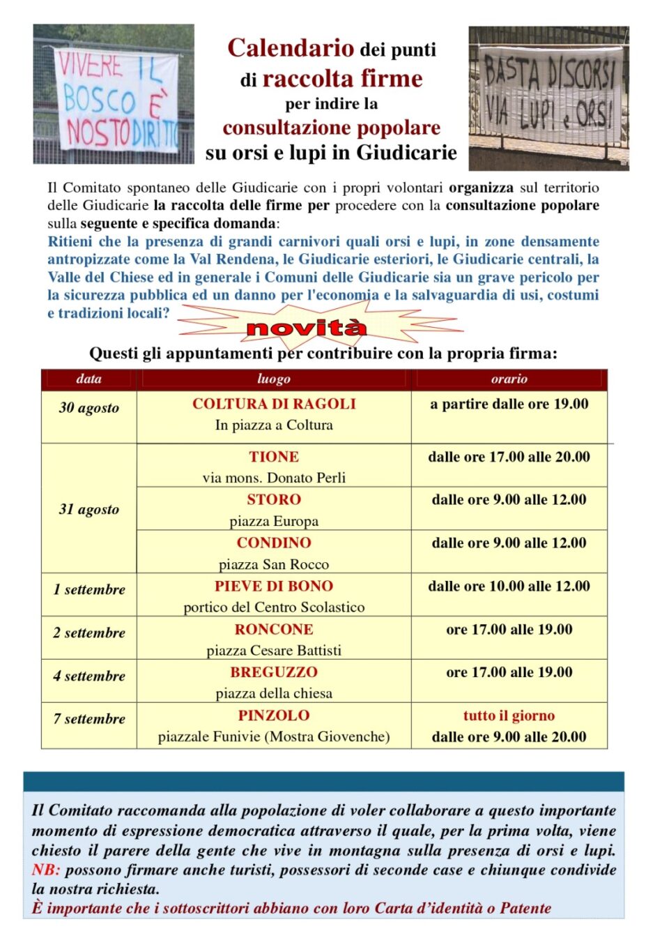 Calendario dei punti di raccolta firme per indire la consultazione popolare su orsi e lupi in Giudicarie