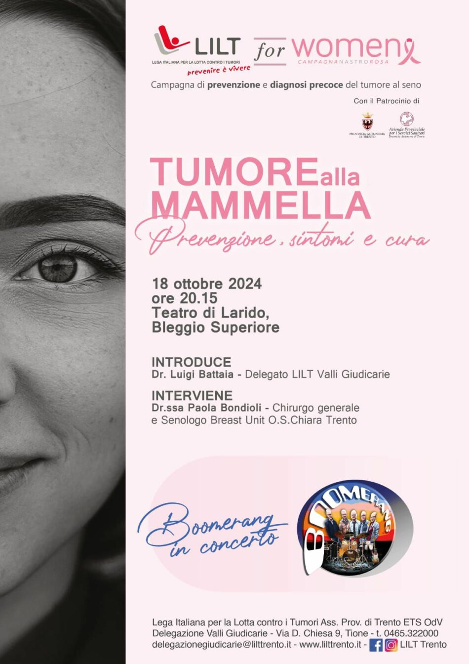 Bleggio Inferiore 18 ottobre Teatro di Larido “Tumore alla mammella – Prevenzione, sintomi e cura”