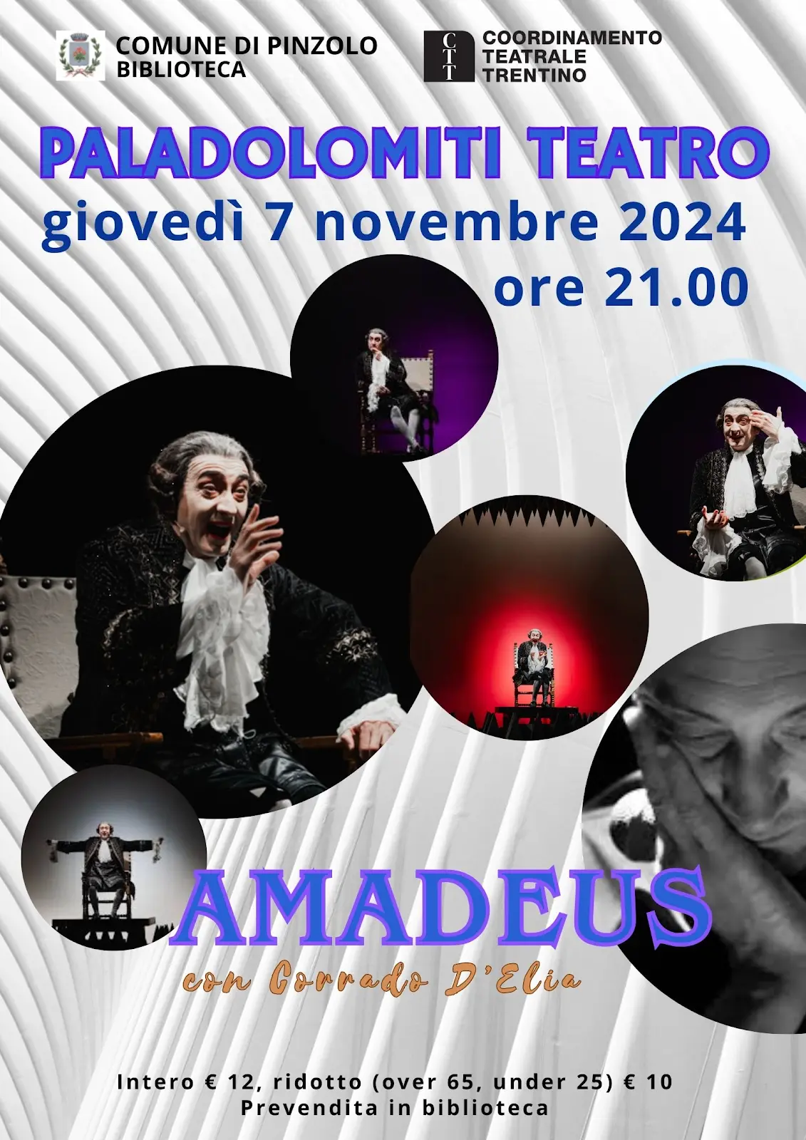 Pinzolo Paladolomiti Giovedì 7 novembre ore 21 “Amadeus” con Corrado D’Elia