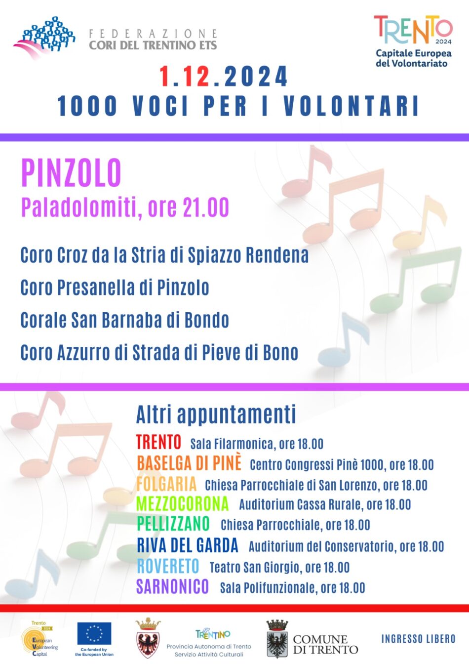 Pinzolo Paladolomiti ore 21 Domenica 1.12.2024 “1000 voci per i volontari”