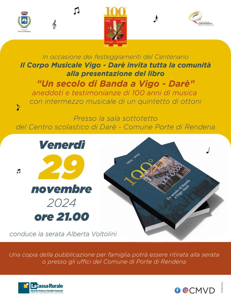 Darè Venerdi 29 novembre – Presentazione libro centenario Corpo Musicale Vigo – Darè