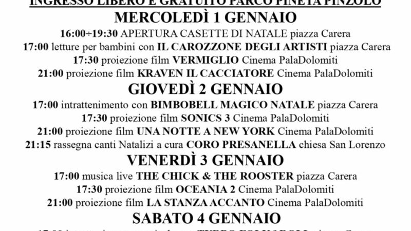 L’inverno è Pinzolo: Manifestazioni dal Lunedì 30 dicembre a Domenica 5 gennaio 2025