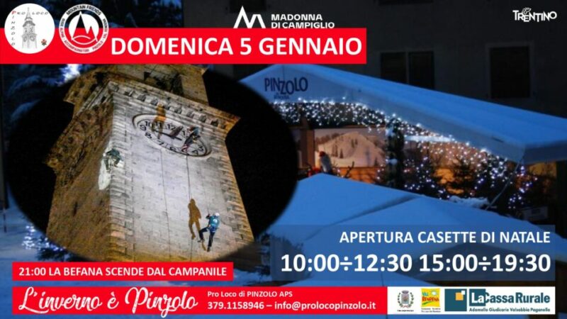 Pinzolo Domenica 5 gennaio ore 21 “La Befana scende dal campanile” con le guide Mountain Friends