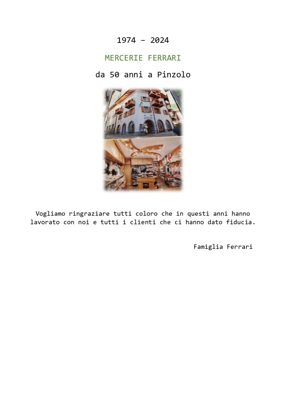 1974-2024 Mercerie Ferrari da 50 anni a Pinzolo