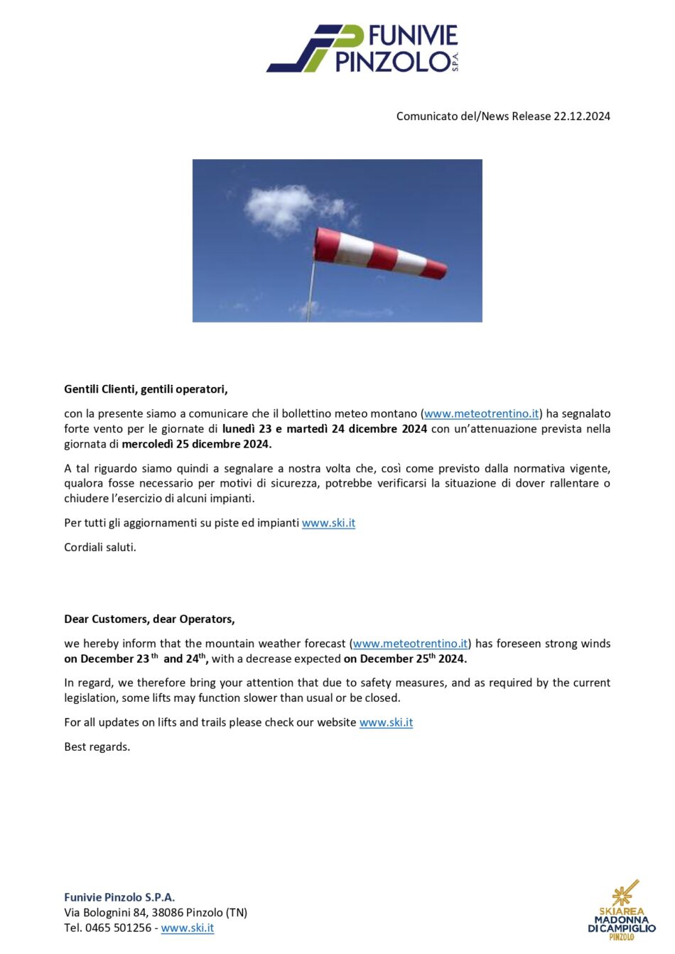 Funivie Pinzolo – Meteotrentino.it segnala forte vento in quota per Lunedì 23 e Martedì 24 dicembre