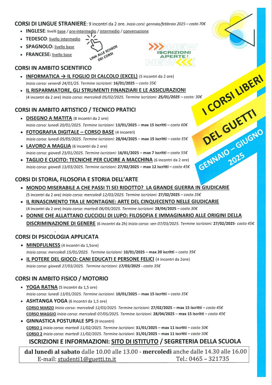 Tione “I Corsi  liberi del Guetti” gennaio-giugno 2025