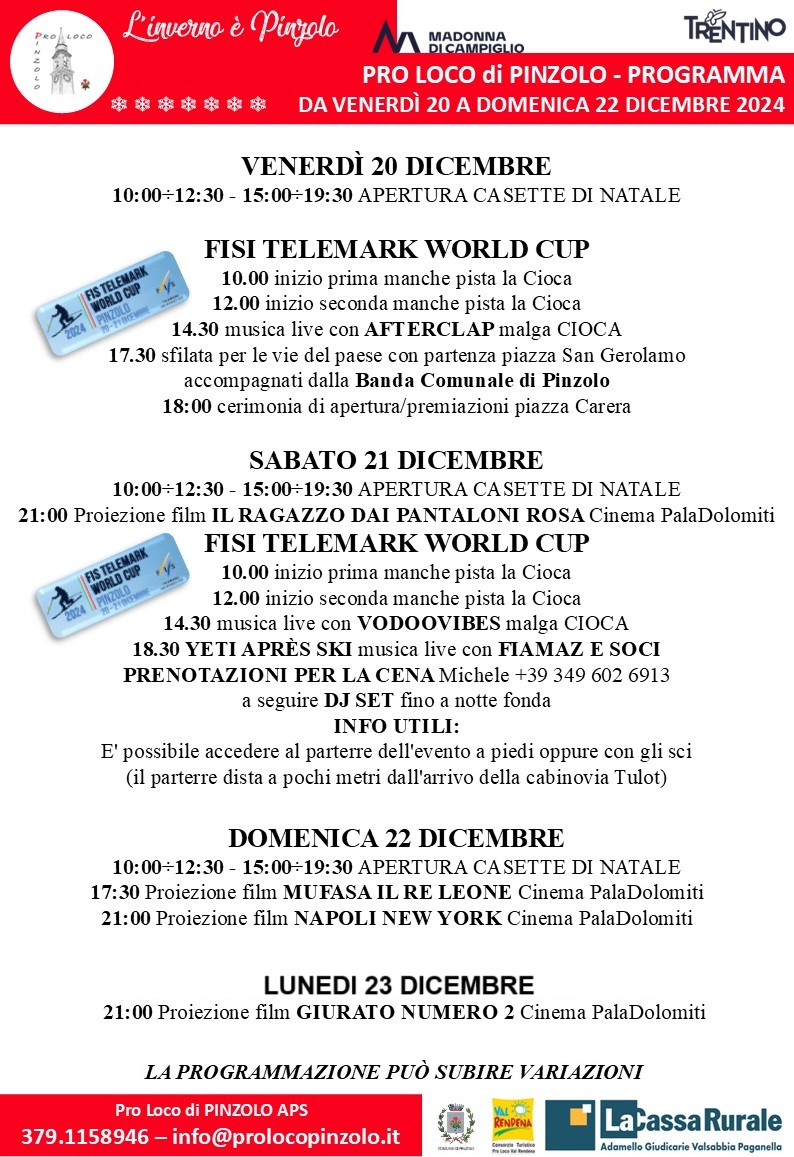 L’Inverno è Pinzolo: programma dal 20 al 22 dicembre 2024