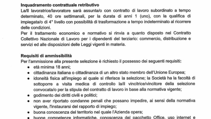 Avviso per la selezione di una risorsa per lo svolgimento della mansione di ADDETTA/O AREA PRODOTTO, ACCOGLIENZA ED EVENTI