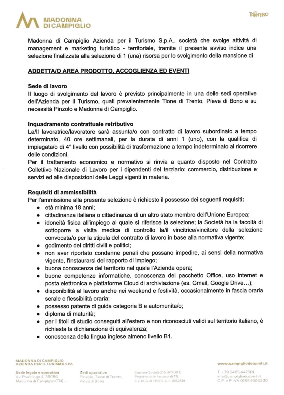 Avviso per la selezione di una risorsa per lo svolgimento della mansione di ADDETTA/O AREA PRODOTTO, ACCOGLIENZA ED EVENTI