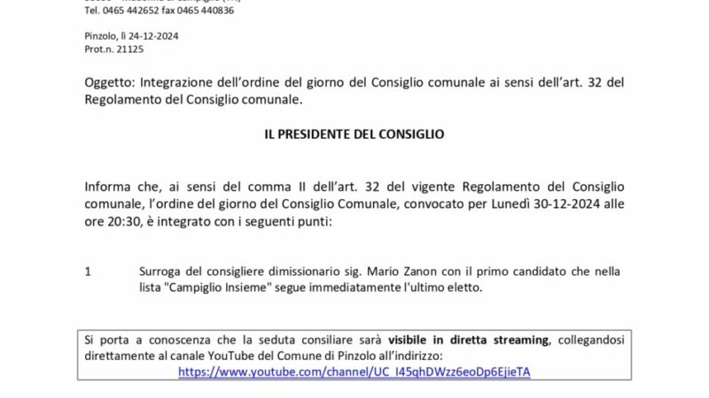 Consiglio comunale di Pinzolo: si è dimesso il consigliere Mario Zanon