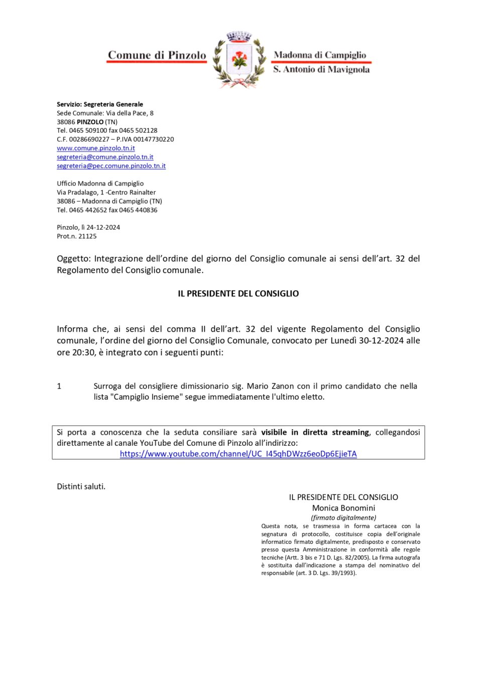 Consiglio comunale di Pinzolo: si è dimesso il consigliere Mario Zanon