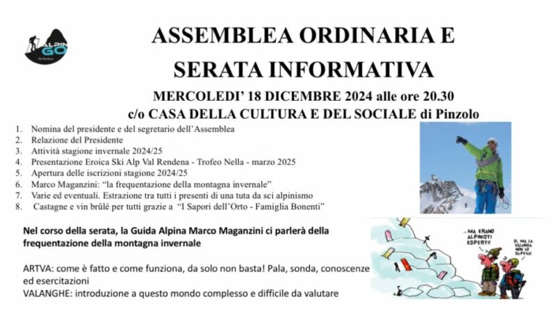 Mercoledì 18 dicembre ore 20.30 Assemblea ordinaria e serata informativa ALPINGO