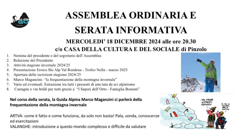 Mercoledì 18 dicembre ore 20.30 Assemblea ordinaria e serata informativa ALPINGO
