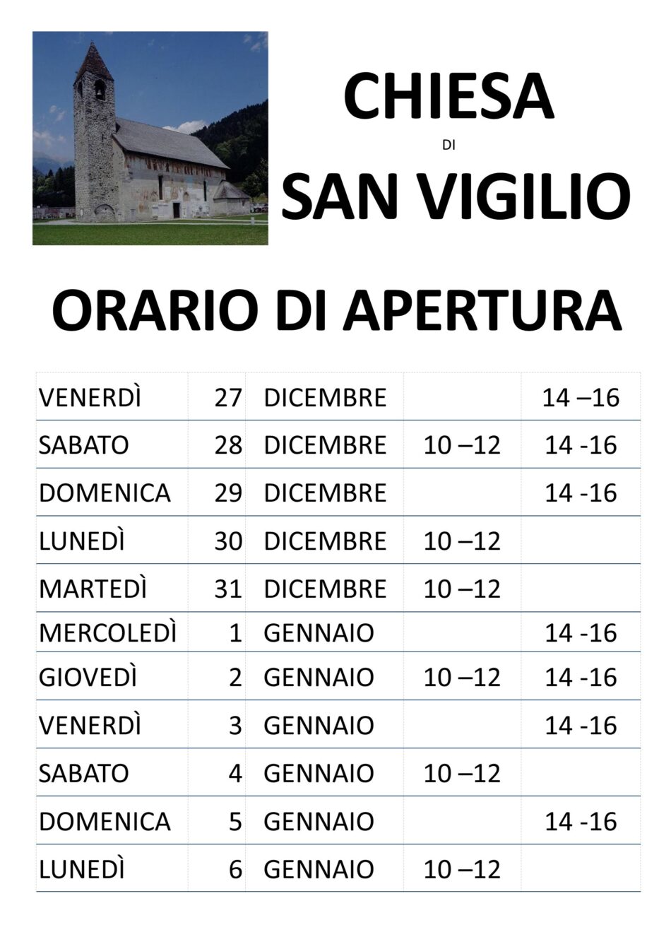 Pinzolo – Chiesa di San Vigilio Orario di apertura nel periodo natalizio