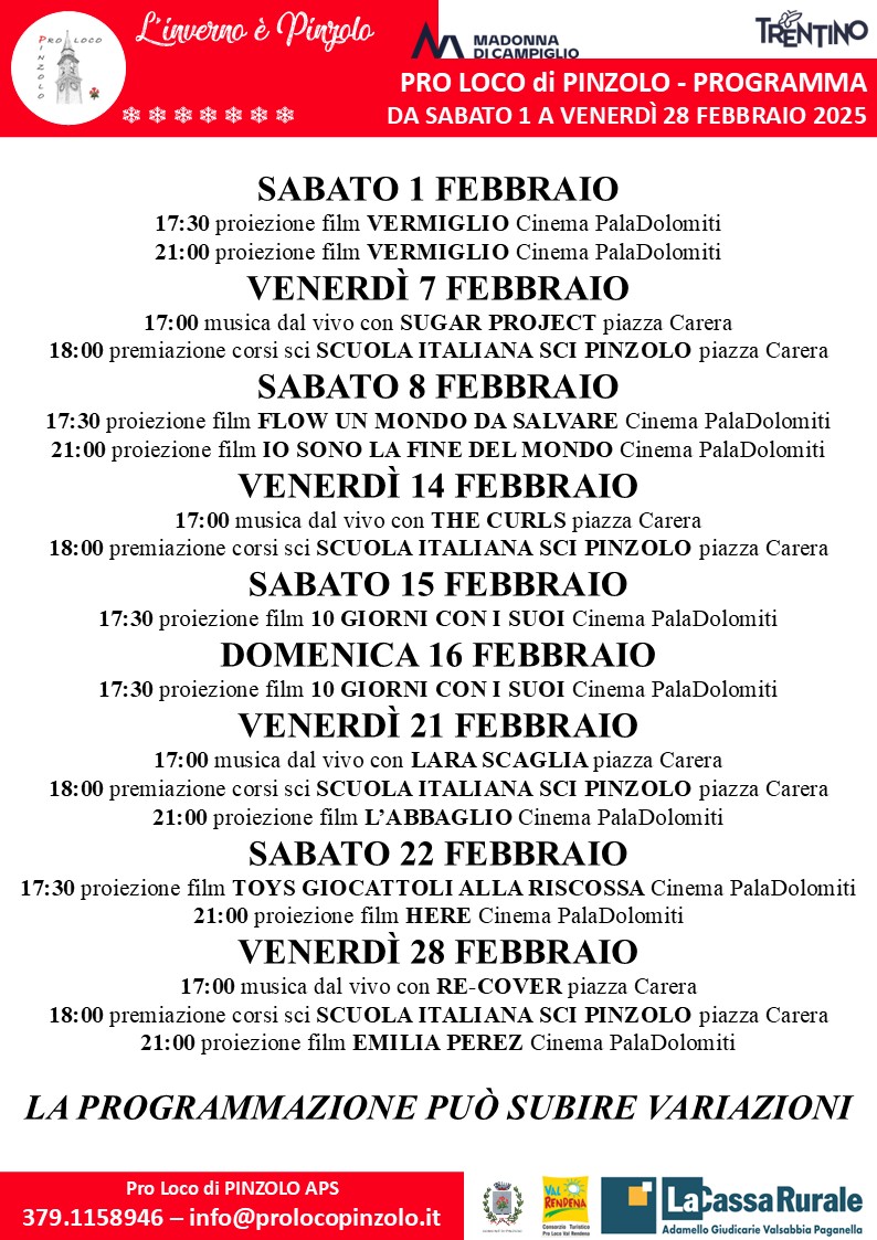 L’Inverno è Pinzolo: Programma da Sabato 1 a Venerdì 28 febbraio 2025
