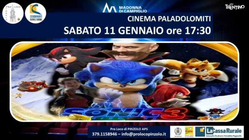 Cinema a Pinzolo: Sabato 11 gennaio ore 17.30 “Sonic 3” al Paladolomiti