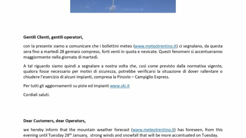 Funivie Pinzolo – Comunicato 26 gennaio 2025 – Vento in quota