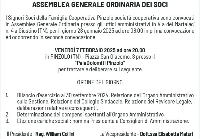 Venerdì 7 febbraio: Convocazione assemblea Famiglia Cooperativa Pinzolo