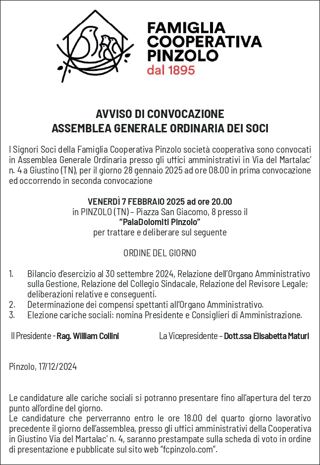 Venerdì 7 febbraio: Convocazione assemblea Famiglia Cooperativa Pinzolo
